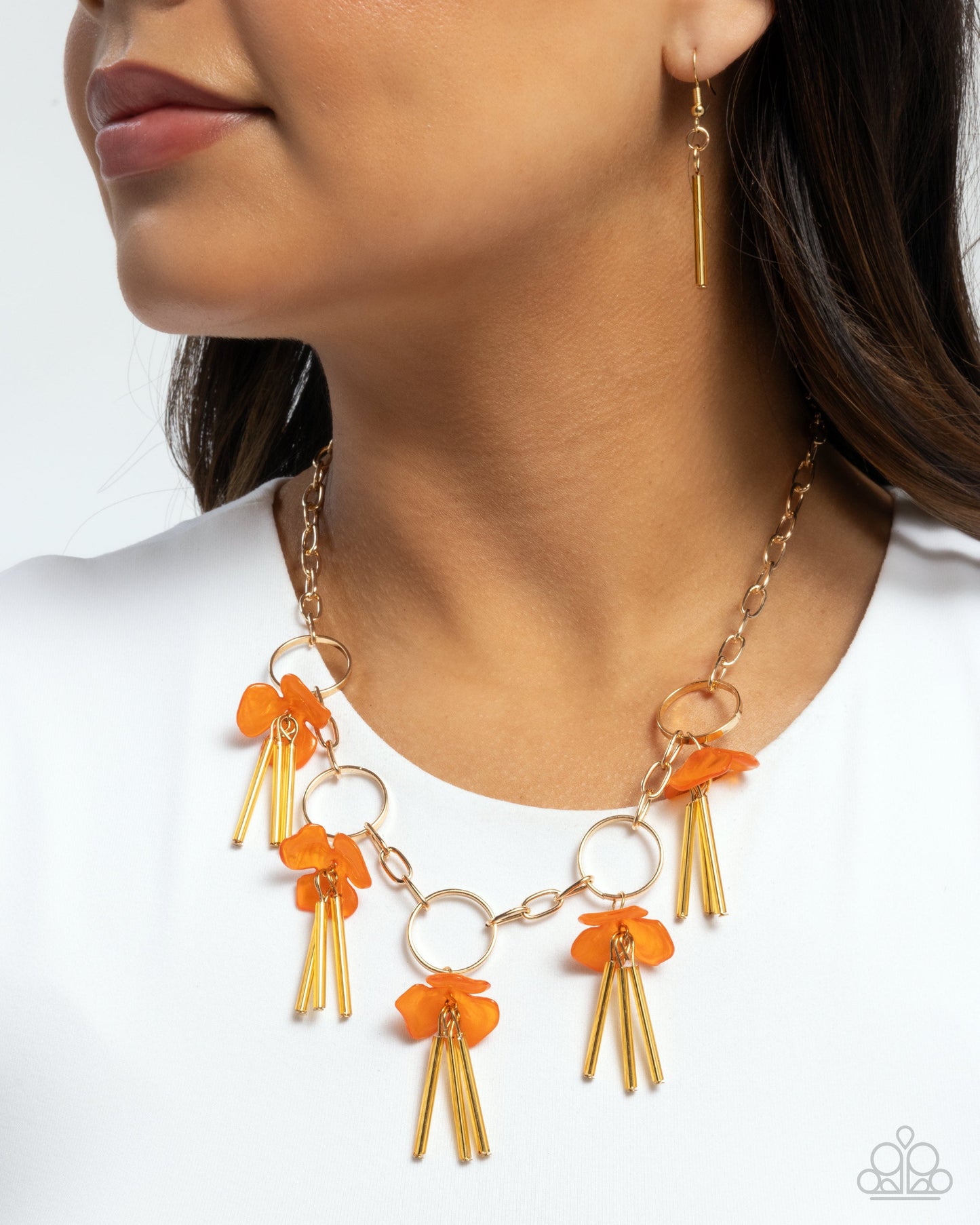 LEI of the Land - Orange Acrylic Flowers Gold Necklace - Paparazzi Accessories