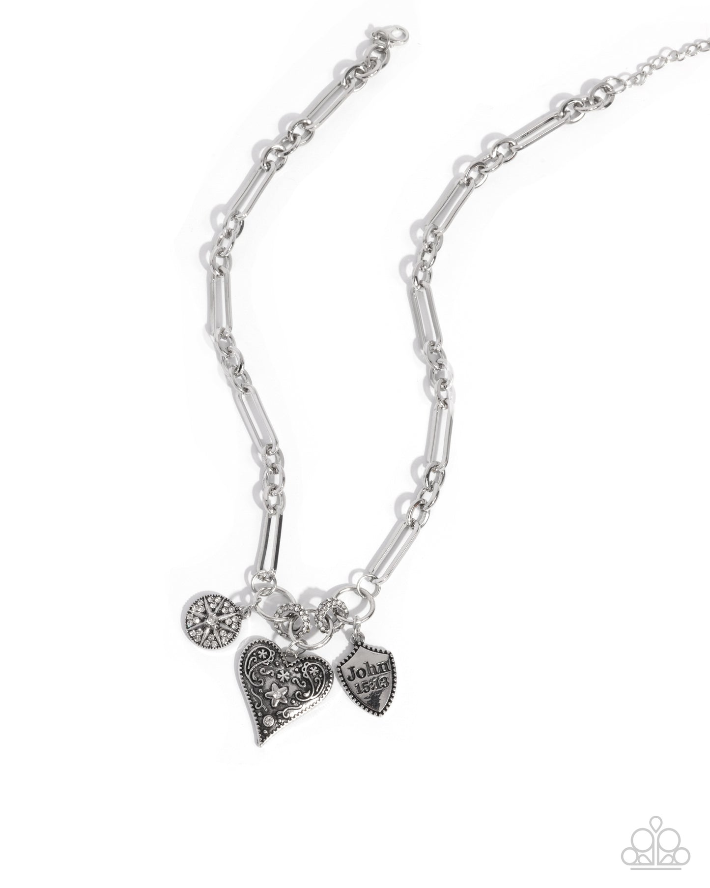 Greater Love - White Rhinestone "John 15:13" & Heart Charm Silver Necklace - Paparazzi Accessories