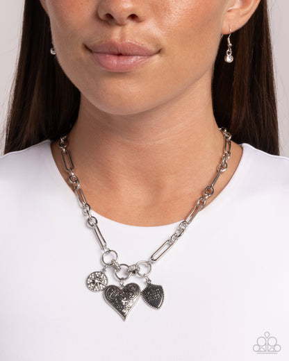 Greater Love - White Rhinestone "John 15:13" & Heart Charm Silver Necklace - Paparazzi Accessories