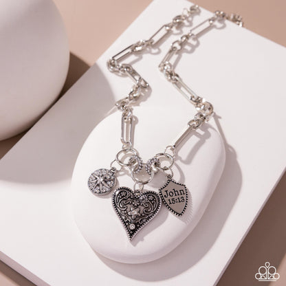 Greater Love - White Rhinestone "John 15:13" & Heart Charm Silver Necklace - Paparazzi Accessories