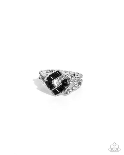 Tilted Travel - Black Gem Silver Ring - Paparazzi Accessories