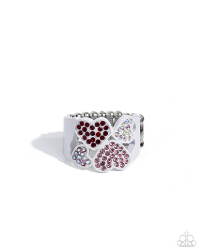 Honorable Hearts - Multi Rhinestone Hearts White Dipped Metal Ring - Paparazzi Accessories
