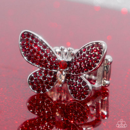Admirable Ascension - Red Rhinestone Silver Butterfly Ring - Paparazzi Accessories