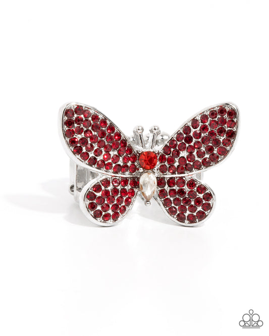 Admirable Ascension - Red Rhinestone Silver Butterfly Ring - Paparazzi Accessories
