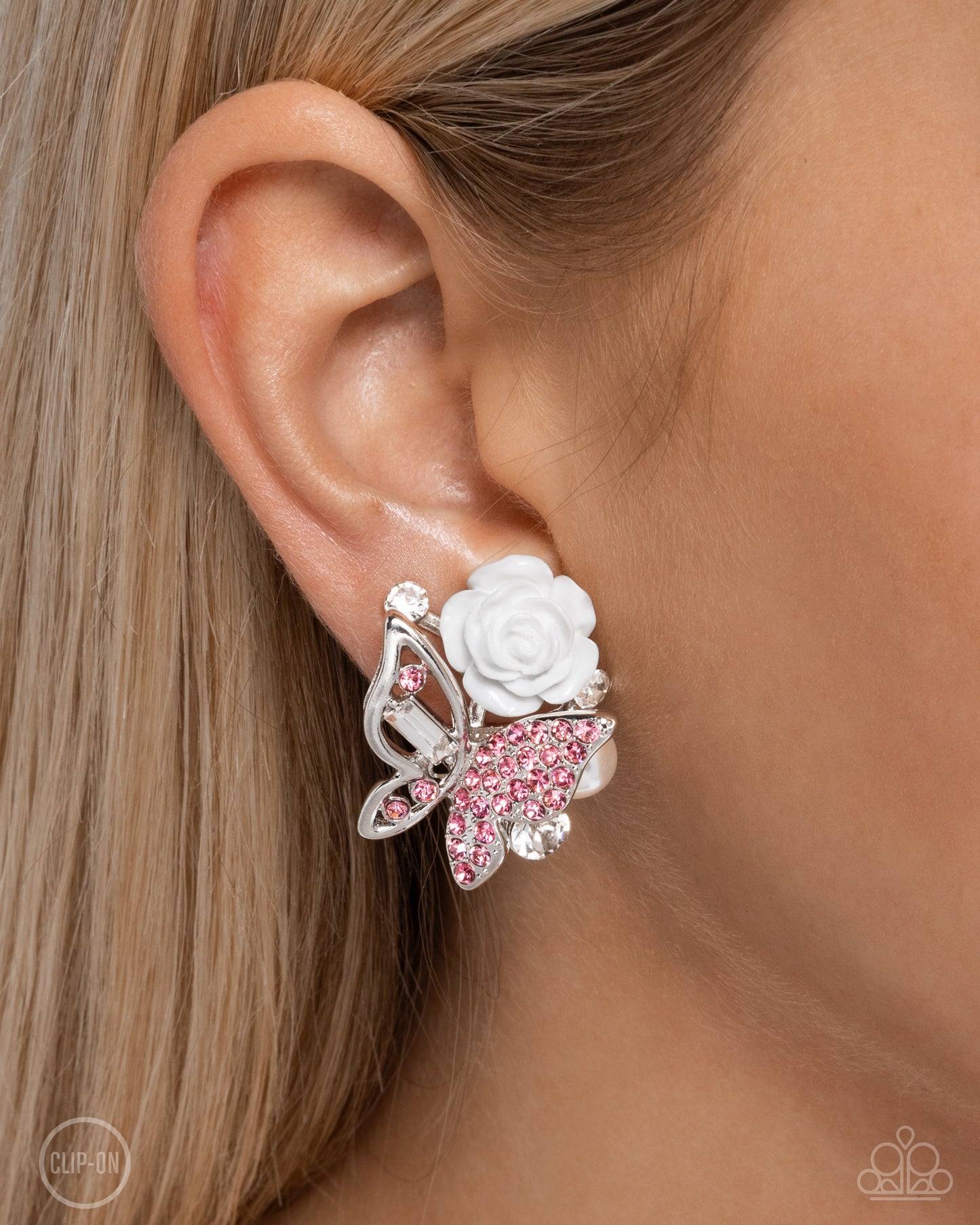 Fanciful Facade - Pink Rhinestone Butterfly White Resin Rose Silver Clip-on Earrings - Paparazzi Accessories