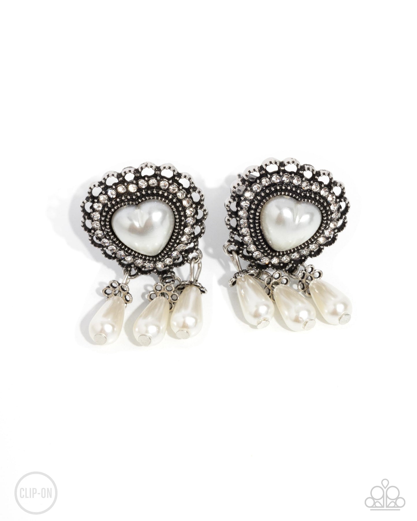 Sumptuous Story - White Pearl Silver Heart Clip-on Earrings - Paparazzi Accessories