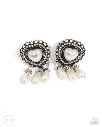 Sumptuous Story - White Pearl Silver Heart Clip-on Earrings - Paparazzi Accessories