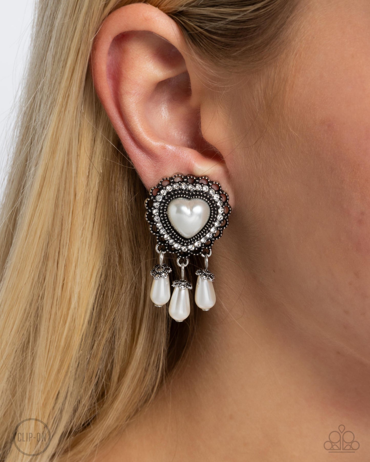 Sumptuous Story - White Pearl Silver Heart Clip-on Earrings - Paparazzi Accessories