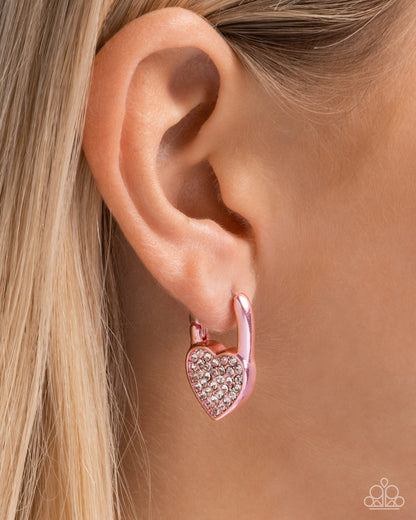Padlocked Promise - Pink Dipped Metal Heart Hinge Hoop Earrings - Paparazzi Accessories