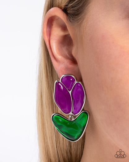 Tulip Triumph - Purple Acrylic Silver Post Earrings - Paparazzi Accessories