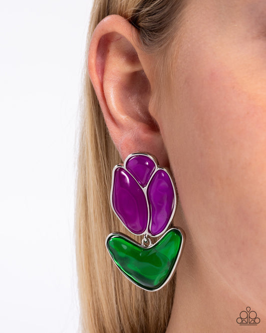 Tulip Triumph - Purple Acrylic Silver Post Earrings - Paparazzi Accessories