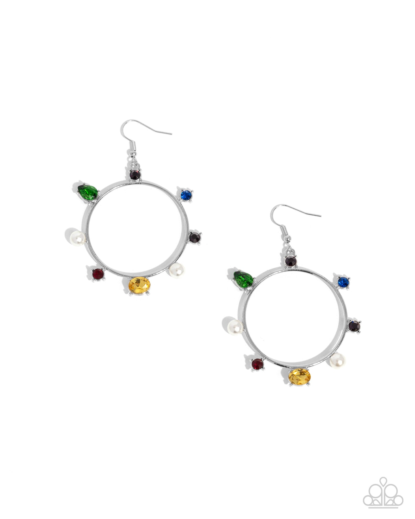 Tailored Treasure - Multi Rhinestone & Pearl Silver Circle Fishhook Earrings - Paparazzi Accessories