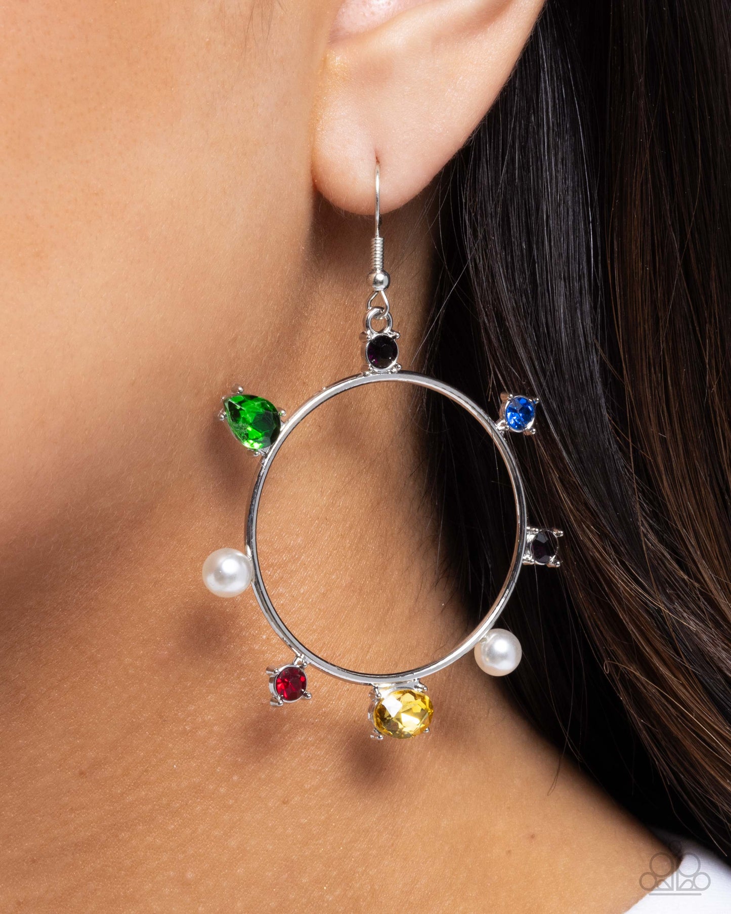 Tailored Treasure - Multi Rhinestone & Pearl Silver Circle Fishhook Earrings - Paparazzi Accessories