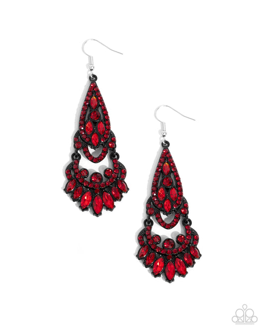 Opera Stage - Red Gem & Black Dipped Metal Fishhook Earrings - Paparazzi Accessories