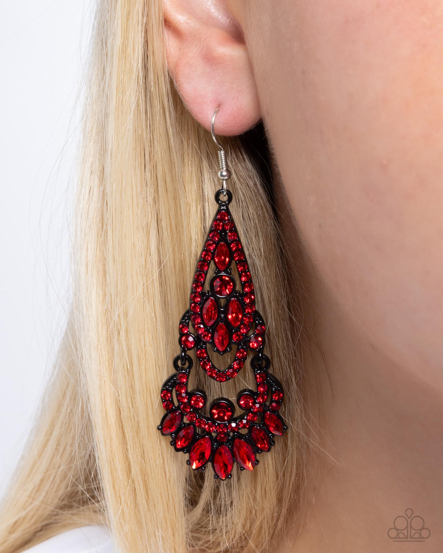 Opera Stage - Red Gem & Black Dipped Metal Fishhook Earrings - Paparazzi Accessories