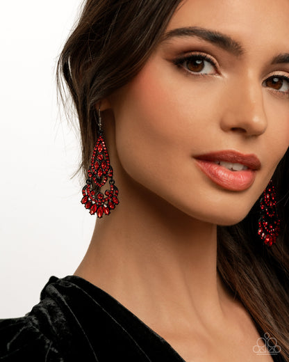 Opera Stage - Red Gem & Black Dipped Metal Fishhook Earrings - Paparazzi Accessories