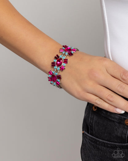 Bewildering Bling - Pink Rhinestone & Blue Acrylic Bead Silver Stretchy Bracelet - Paparazzi Accessories