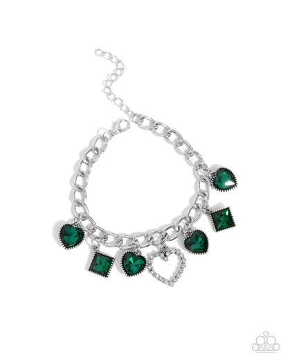 Framed Future - Green Heart & Square Gem Silver Clasp Bracelet - Paparazzi Accessories