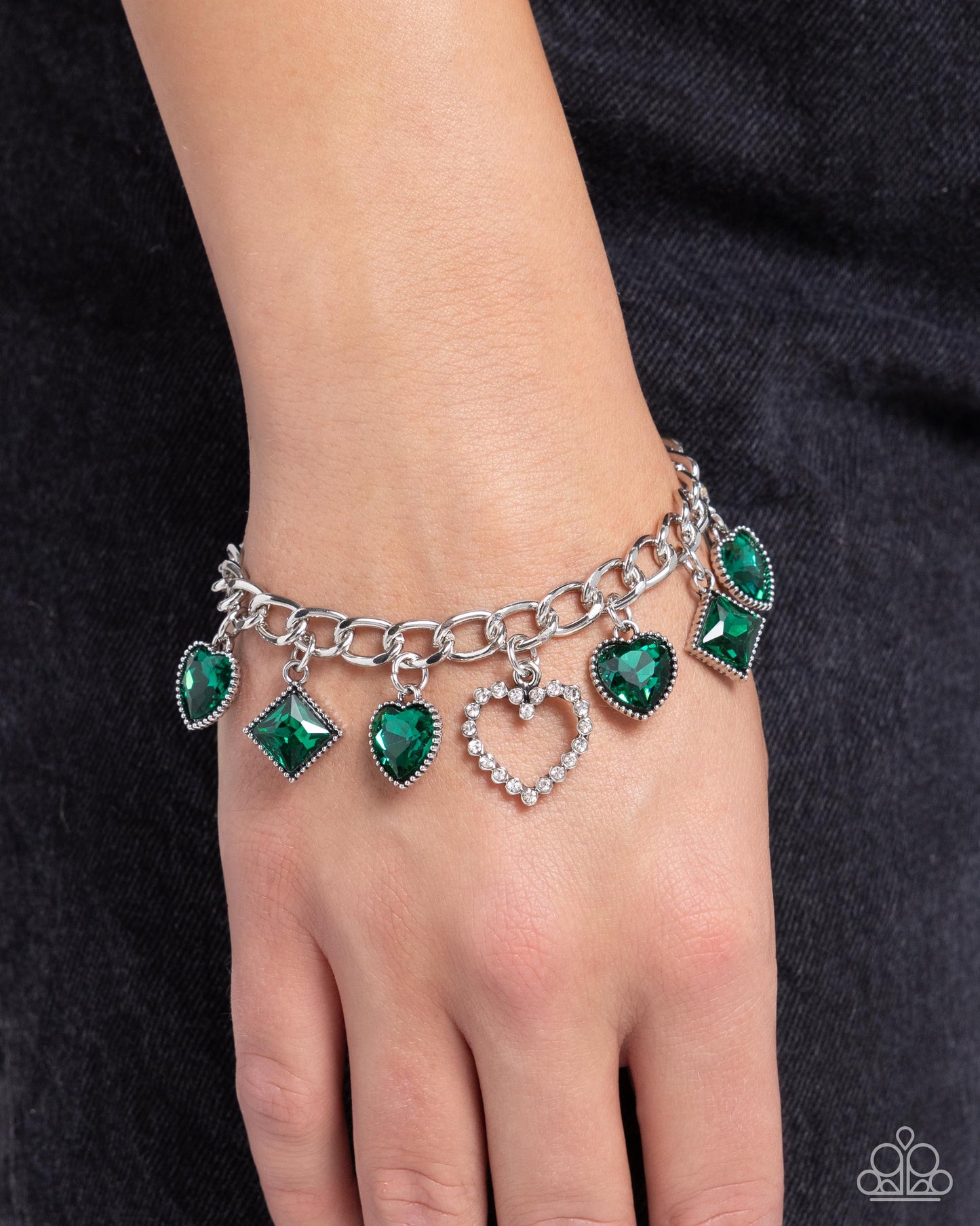 Framed Future - Green Heart & Square Gem Silver Clasp Bracelet - Paparazzi Accessories