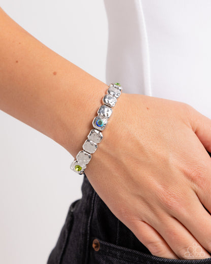 Faint-Hearted Fashion - Green Rhinestone Silver Stretchy Bracelet - Paparazzi Accessories