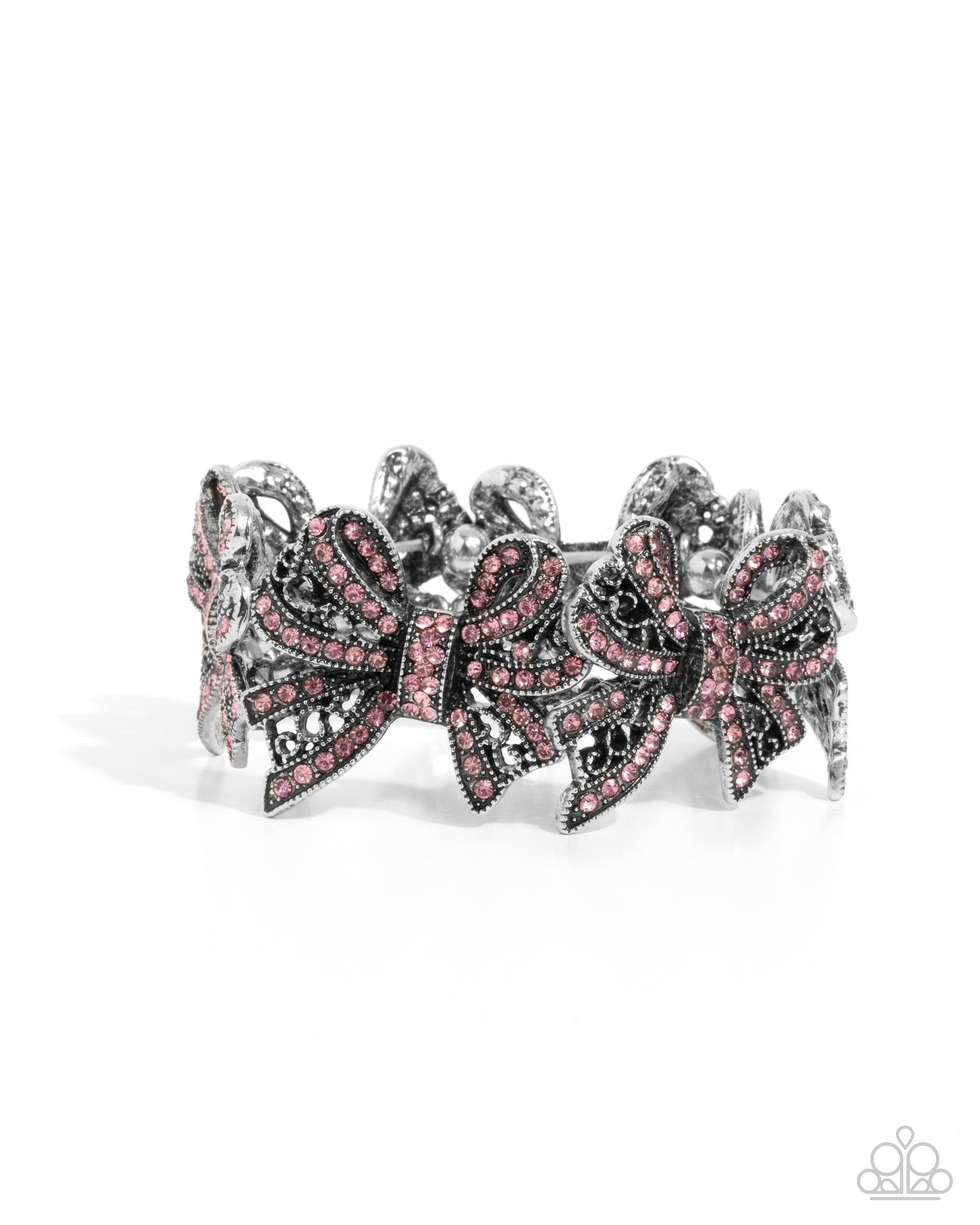 French Flourish - Pink Rhinestone Silver Bow Stretchy Bracelet - Paparazzi Accessories