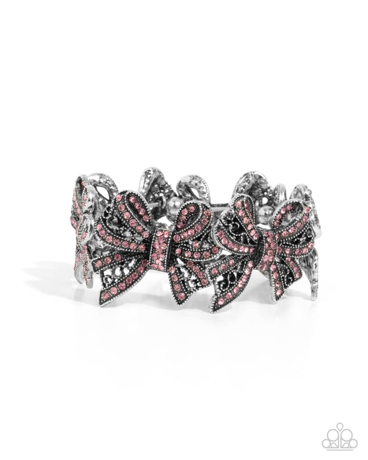 French Flourish - Pink Rhinestone Silver Bow Stretchy Bracelet - Paparazzi Accessories