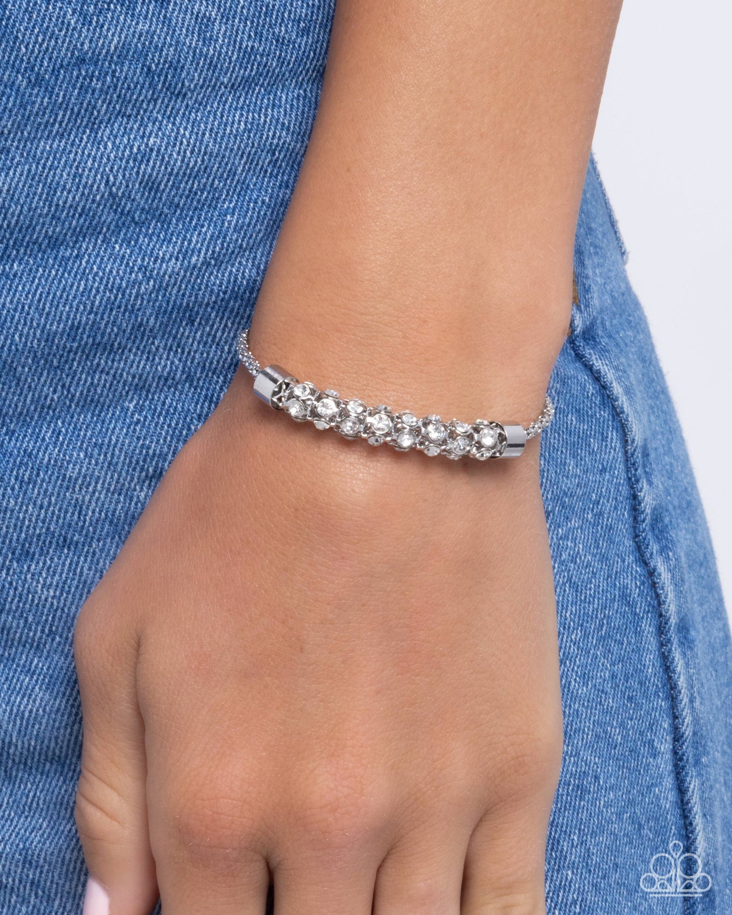 Serious Sentiment - White Rhinestone Silver Sliding Bead Closure Bracelet - Paparazzi Accessories