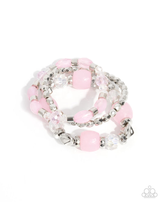 Defaced Dare - Pink Beaded Silver Stretchy Bracelets - Paparazzi Accessories