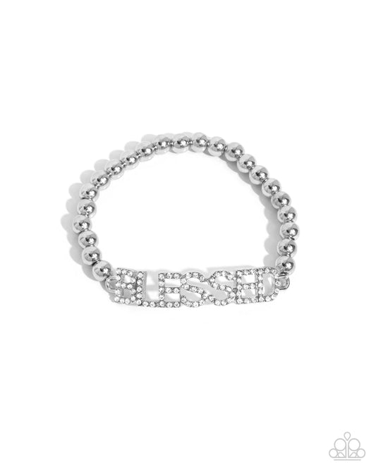 Blessed Bounty - White Rhinestone "BLESSED" Stretchy Bracelet - Paparazzi Accessories