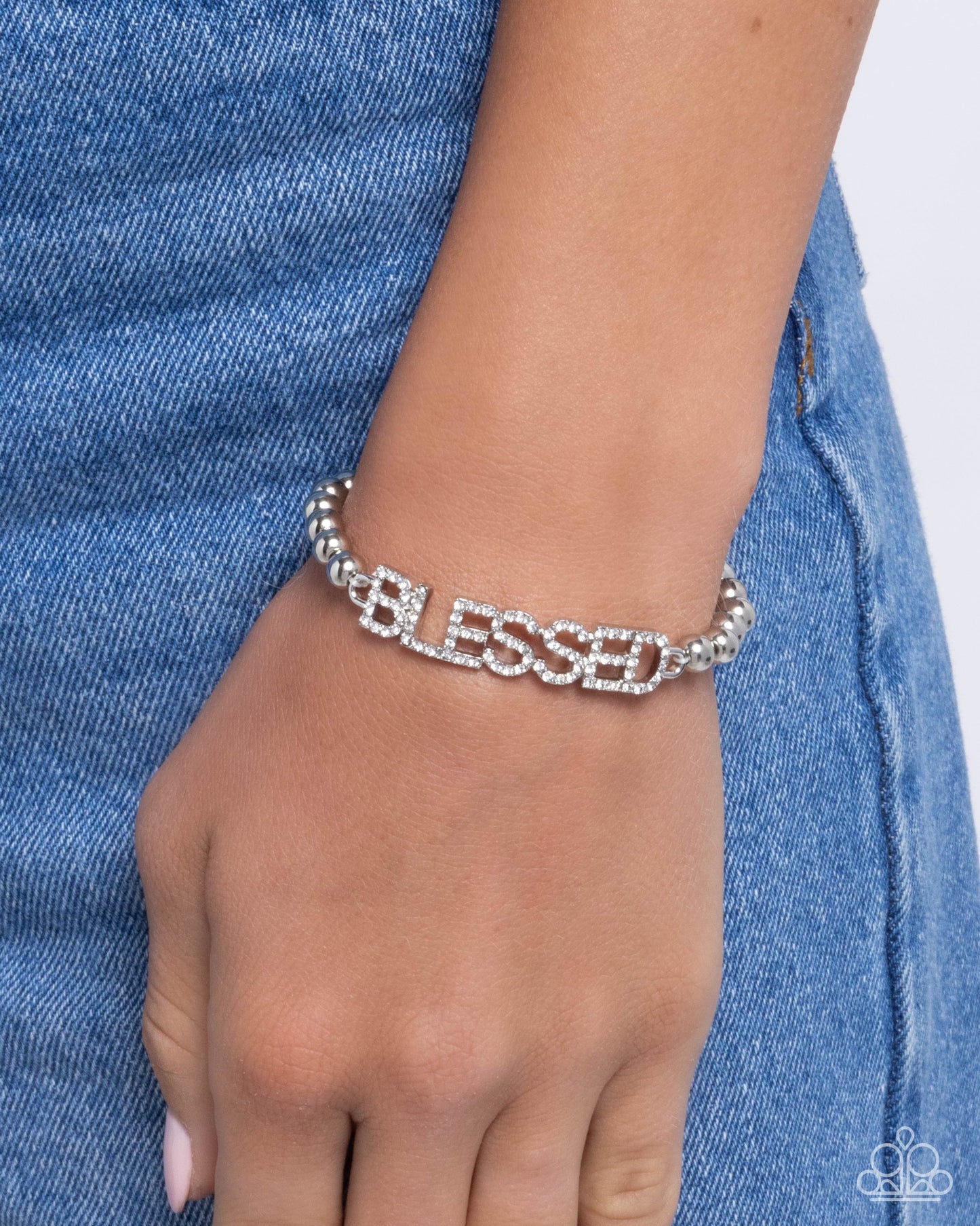 Blessed Bounty - White Rhinestone "BLESSED" Stretchy Bracelet - Paparazzi Accessories