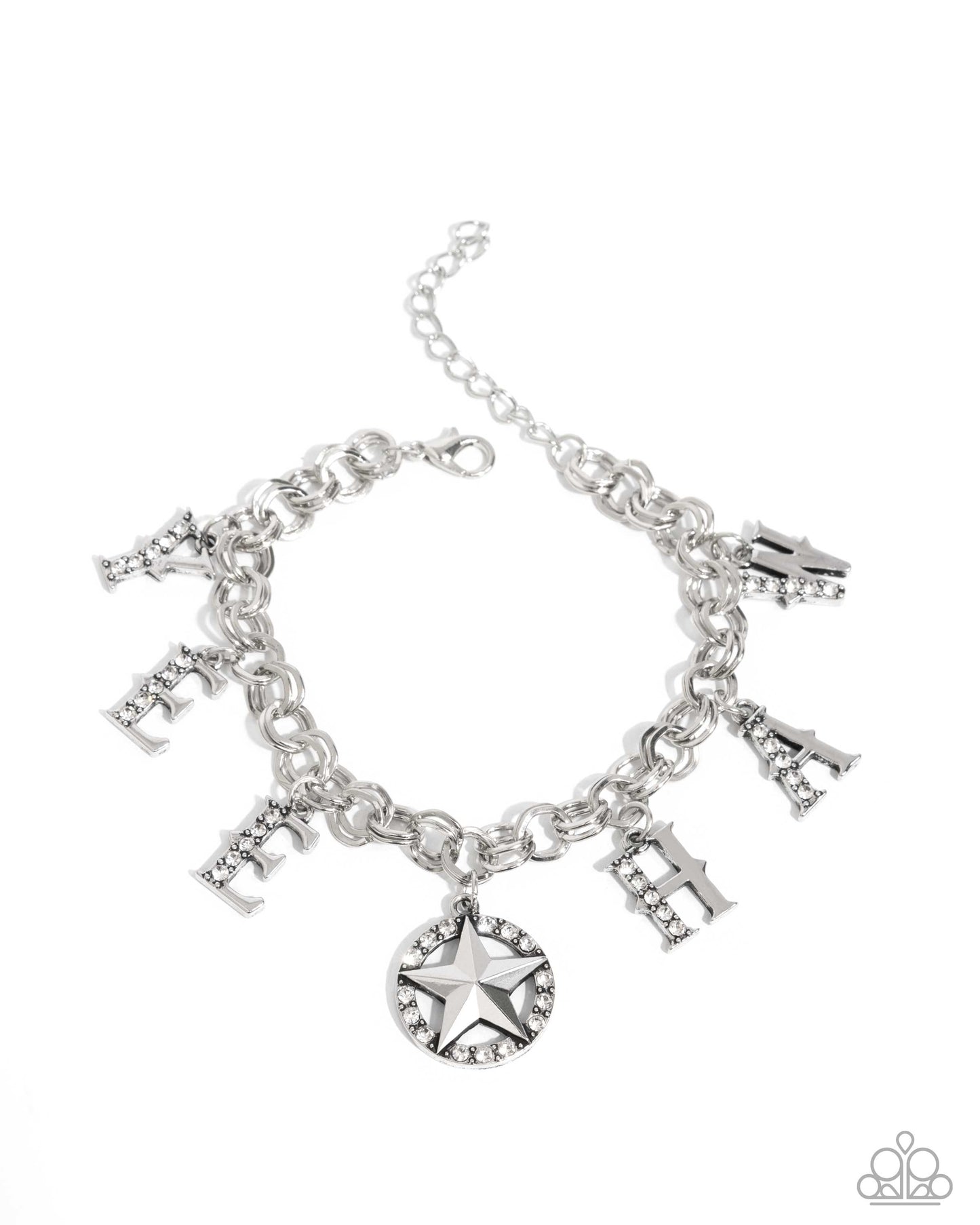 Yeehaw Yell - White Rhinestone Silver Charm Clasp Bracelet - Life of the Party Exclusive - Paparazzi Accessories