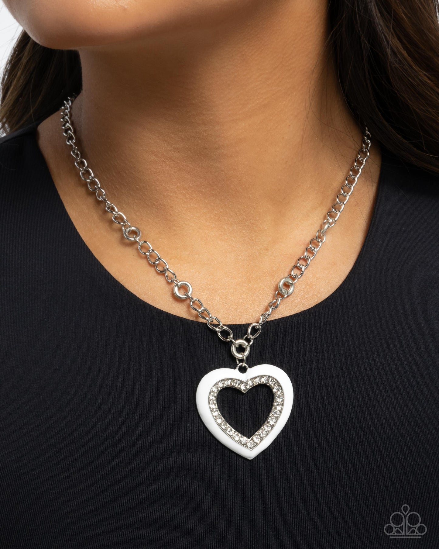 Romantic Rule - White Enamel & Rhinestone Heart Pendant Necklace - Paparazzi Accessories