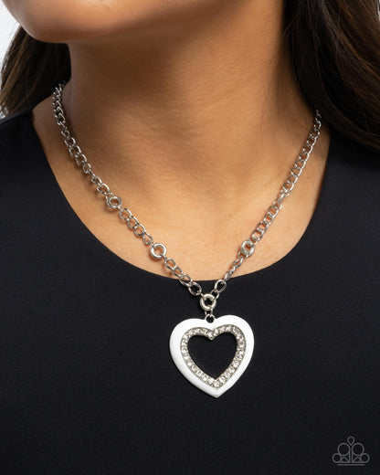 Romantic Rule - White Enamel & Rhinestone Heart Pendant Necklace - Paparazzi Accessories