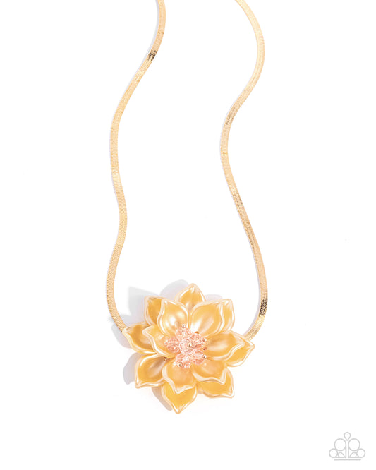 Banquet Blossom - Yellow Acrylic Flower Gold Herringbone Chain Necklace - Paparazzi Accessories
