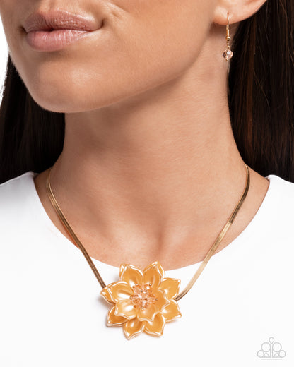 Banquet Blossom - Yellow Acrylic Flower Gold Herringbone Chain Necklace - Paparazzi Accessories