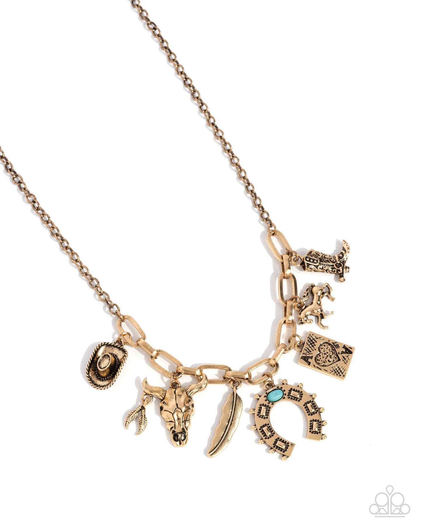 Saloon Girl - Gold Western Charms Necklace - Paparazzi Accessories