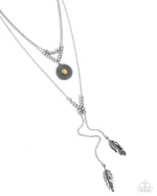 Free-Spirited Freestyle - Yellow Stone Silver Feather Necklace - Paparazzi Accessories