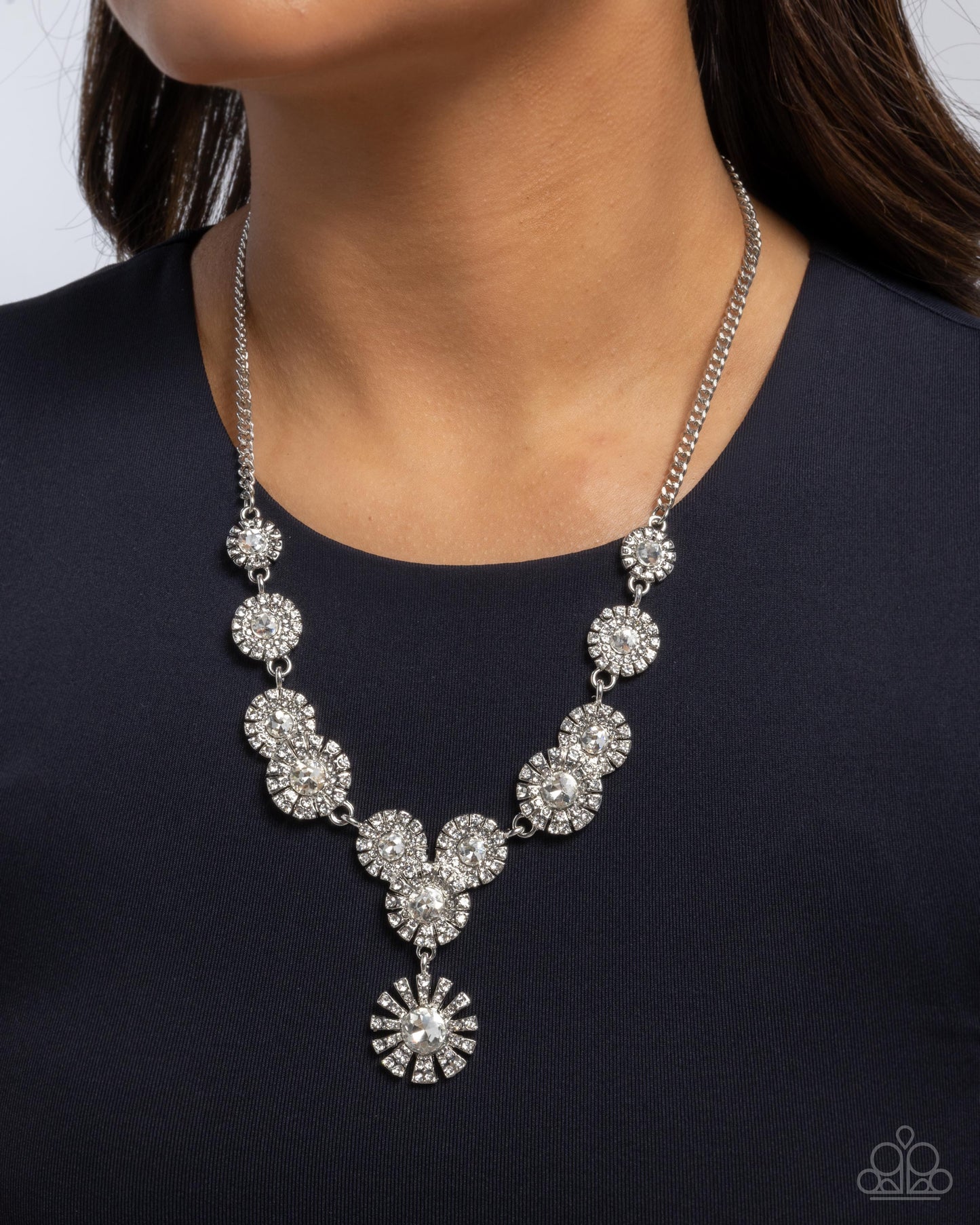 Sunburst Selfie - White Rhinestone Silver Necklace - Paparazzi Accessories