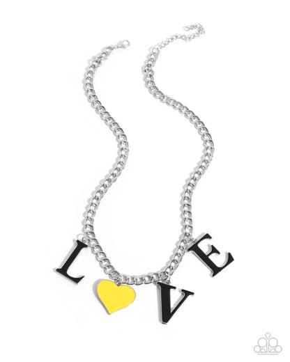 Lovely Lineup - Yellow Enamel Heart "LOVE" Silver Necklace - Paparazzi Accessories