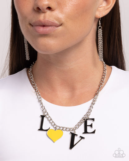 Lovely Lineup - Yellow Enamel Heart "LOVE" Silver Necklace - Paparazzi Accessories