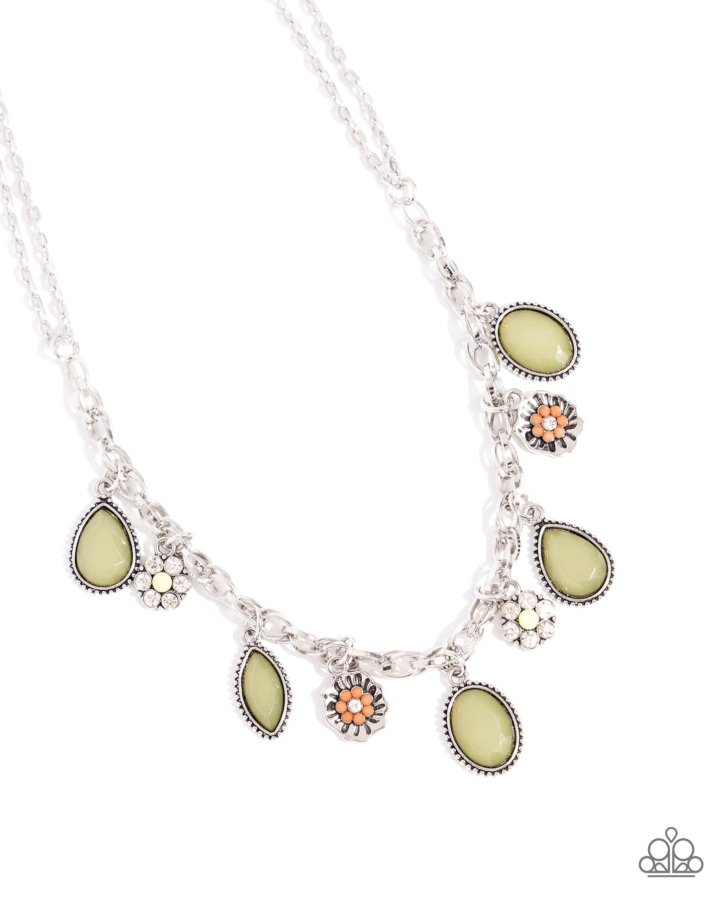 Fancy Finish - Green Acrylic Charms Silver Necklace - Paparazzi Accessories