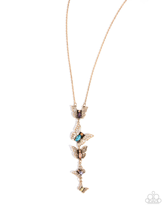 Aerial Addition - Multi Rhinestone Gold Butterfly Necklace - Paparazzi Accessories
