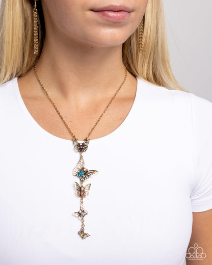 Aerial Addition - Multi Rhinestone Gold Butterfly Necklace - Paparazzi Accessories