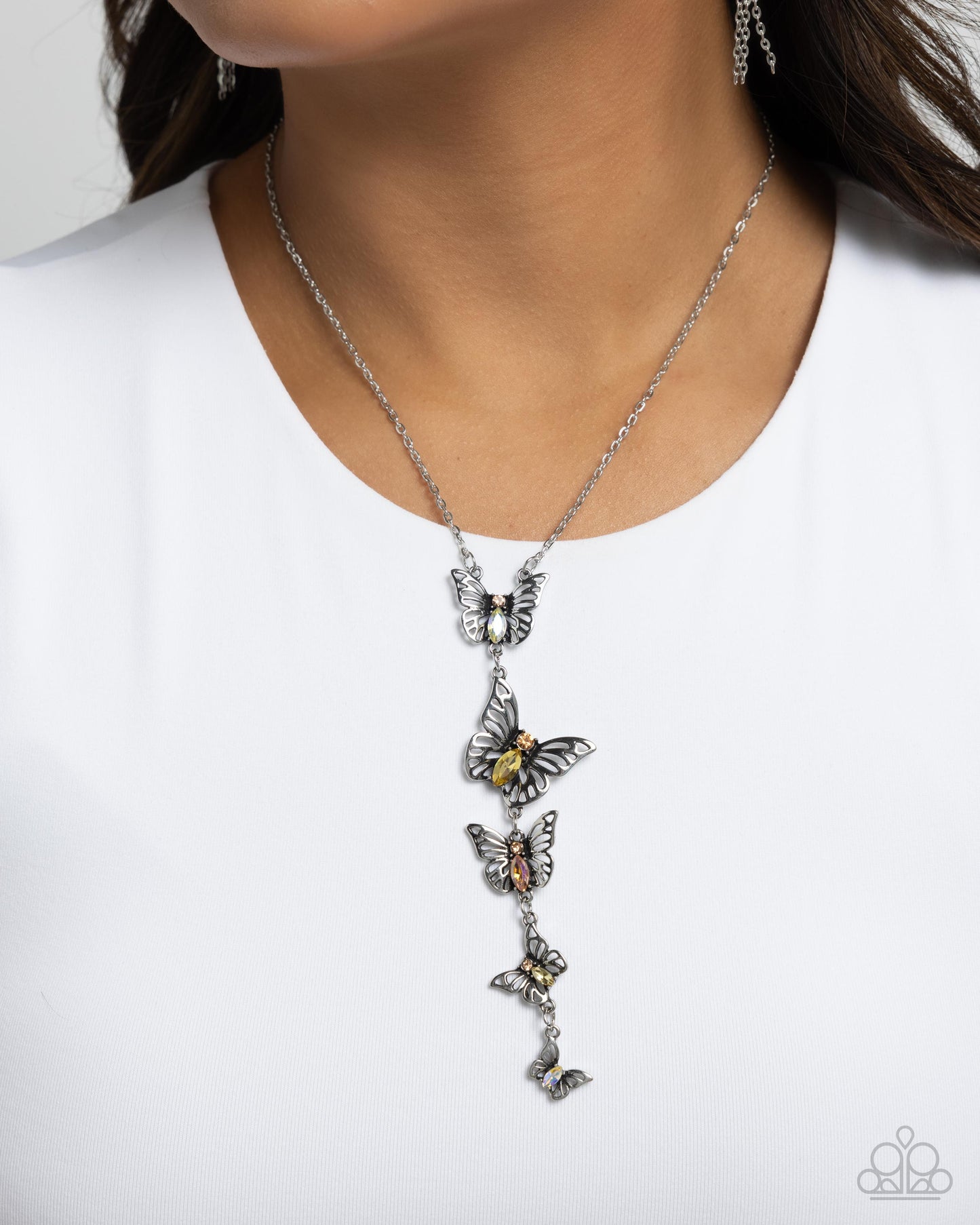 Aerial Addition - Yellow UV Rhinestone Butterfly Necklace - Paparazzi Accessories