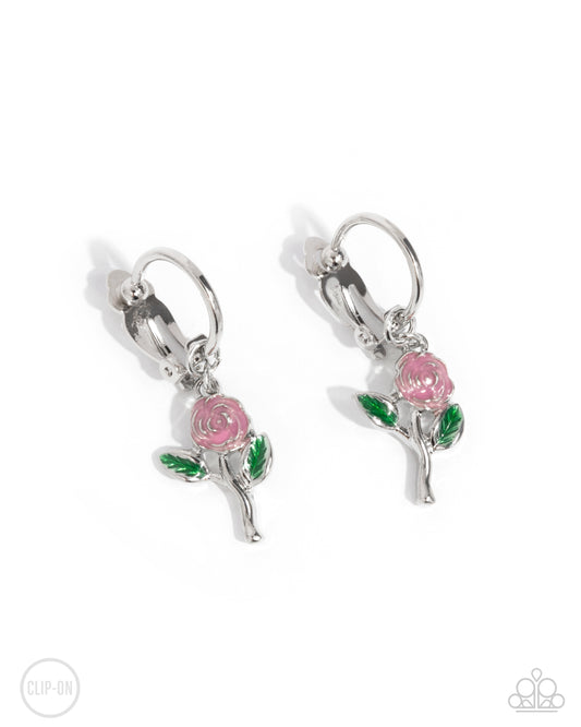 Rose Routine - Pink Enamel Rose Clip-on Hoop Earrings - Paparazzi Accessories