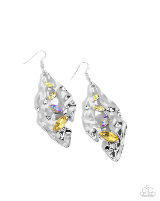 Hammered Hemisphere - Yellow Iridescent Rhinestone Silver Fishhook Earrings - Paparazzi Accessories