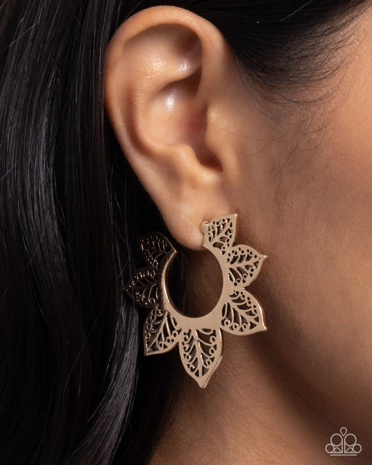 Tangled Tapestry - Gold Filigree Sun Hoop Earrings - Paparazzi Accessories