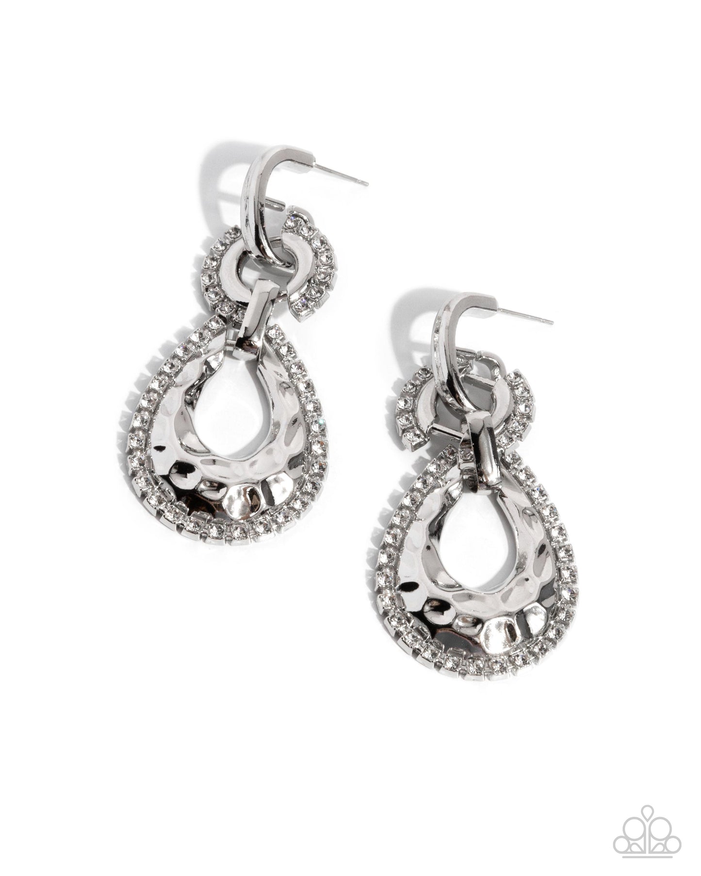 Hammered Highway - White Rhinestone Earrings - Paparazzi Accessories