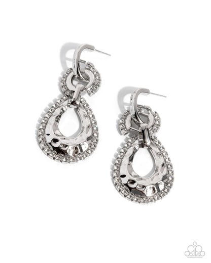 Hammered Highway - White Rhinestone Earrings - Paparazzi Accessories