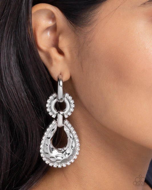 Hammered Highway - White Rhinestone Earrings - Paparazzi Accessories